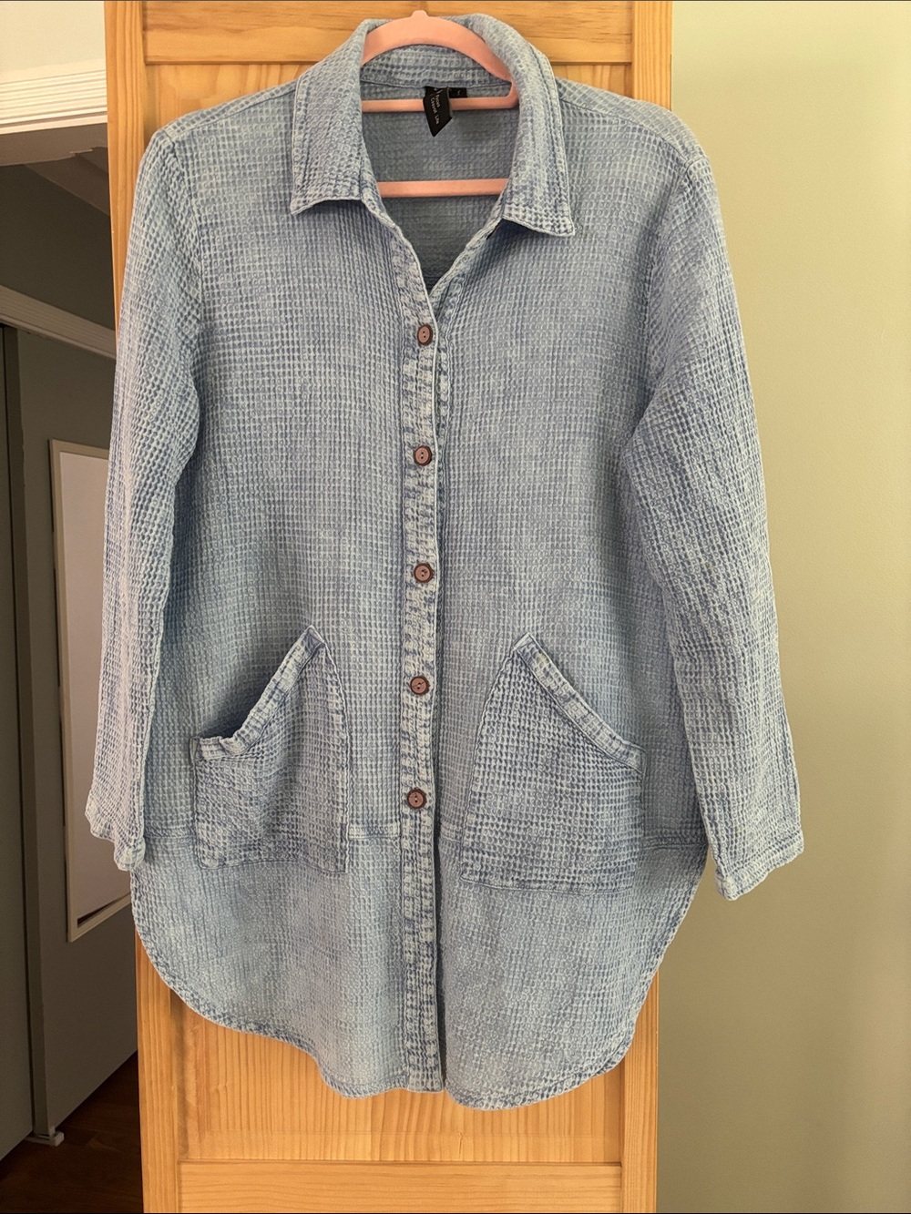 Light Blue Waffle-Knit Button-Front Mini Dress